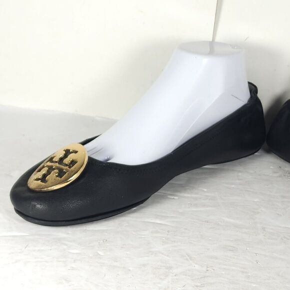 TORY BURCH Women's MINNIE US 10,5M Black Leather Logo Slip On Ballet Flats - Picture 6 of 16